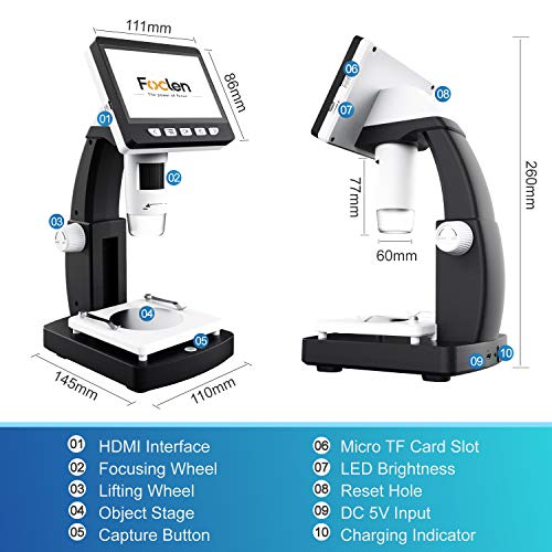 LCD Digital Microscope, FOCLEN 4.3 inch 50X-1000X Magnification Zoom 1080P 2.0 Megapixels Compound Handhled Rechargeable 8 Adjustable LED Lights Lab Microscopes Camera - Thumbnail 4