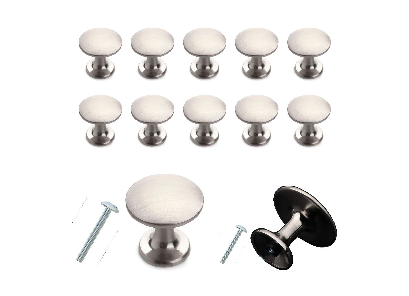 MYA 10Pieces Nickel Door Knobs for Cupboards with 20Pcs of 25mm and 10mm Screws, Cabinet Knobs, Kitchen Door Handles, Drawer knobs, Dresser, Chest Canister Drawer Handles, (30mm, Nickel)