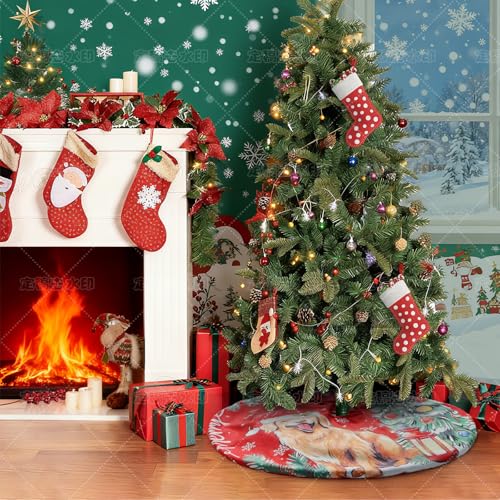 Aqlithle Christmas Tree Skirt, 30 Inches Tree Mat, Dog and Tree Round Xmas Cover for Xmas Indoor Outdoor Home Holiday Merry Christmas Party Christmas Tree Decoration