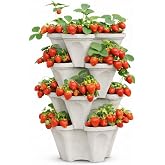Vertical Garden Planter 4 Tier Stackable System 16 Plants, Space Saving Herb, Strawberry &amp; Food Crop Planter with Center Support Hole for Indoor Outdoor Gardening (4, Stone, Small)