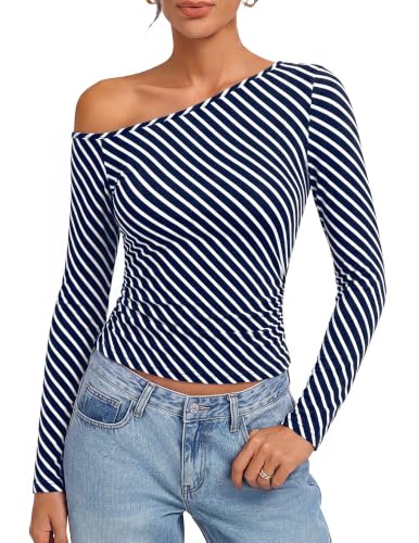 Kate Kasin Women Navy Long Sleeve Off Shoulder Striped Tops, Sexy Slim Fit Shirts, Going Out Casual Party Weekend Blouses at Amazon