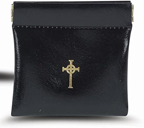 Catholic Rosary CaseBlack Vinyl Squeeze Rosary Case with Gold Stamped Cross Design, 3 3/4 Inch