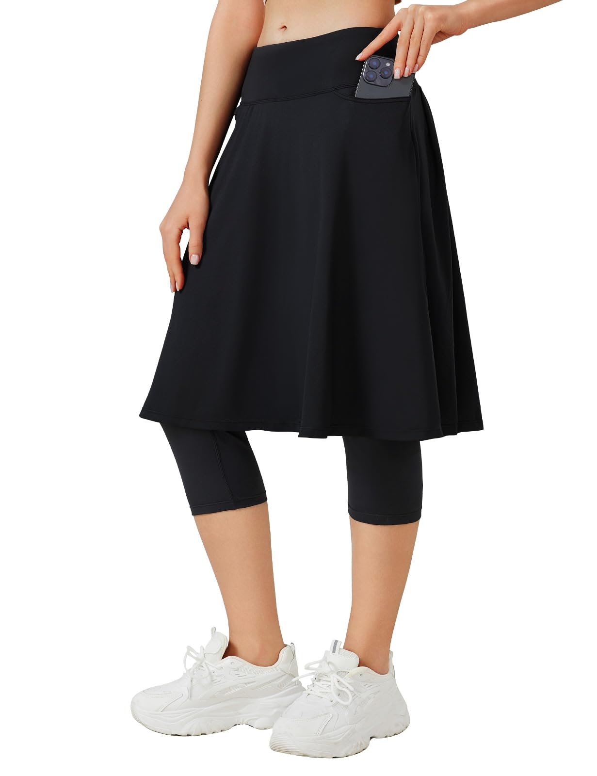 Photo 1 of ANIVIVO 24" Long Knee Length Skirted Leggings for Women,Modest Athletic Skirt with Leggings Pleated Workout Skirt Zipper Pockets(Black,M)