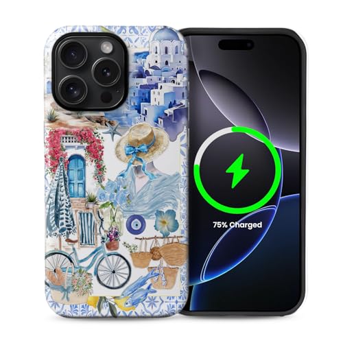 Akinmi Case for iPhone 15 Pro Max,Compatible with MagSafe,Santorini Collage Blue Aesthetic Cute Coastal Magentic Hybrid 2 Layer Protective Shockproof Cover for Women Girls at Amazon