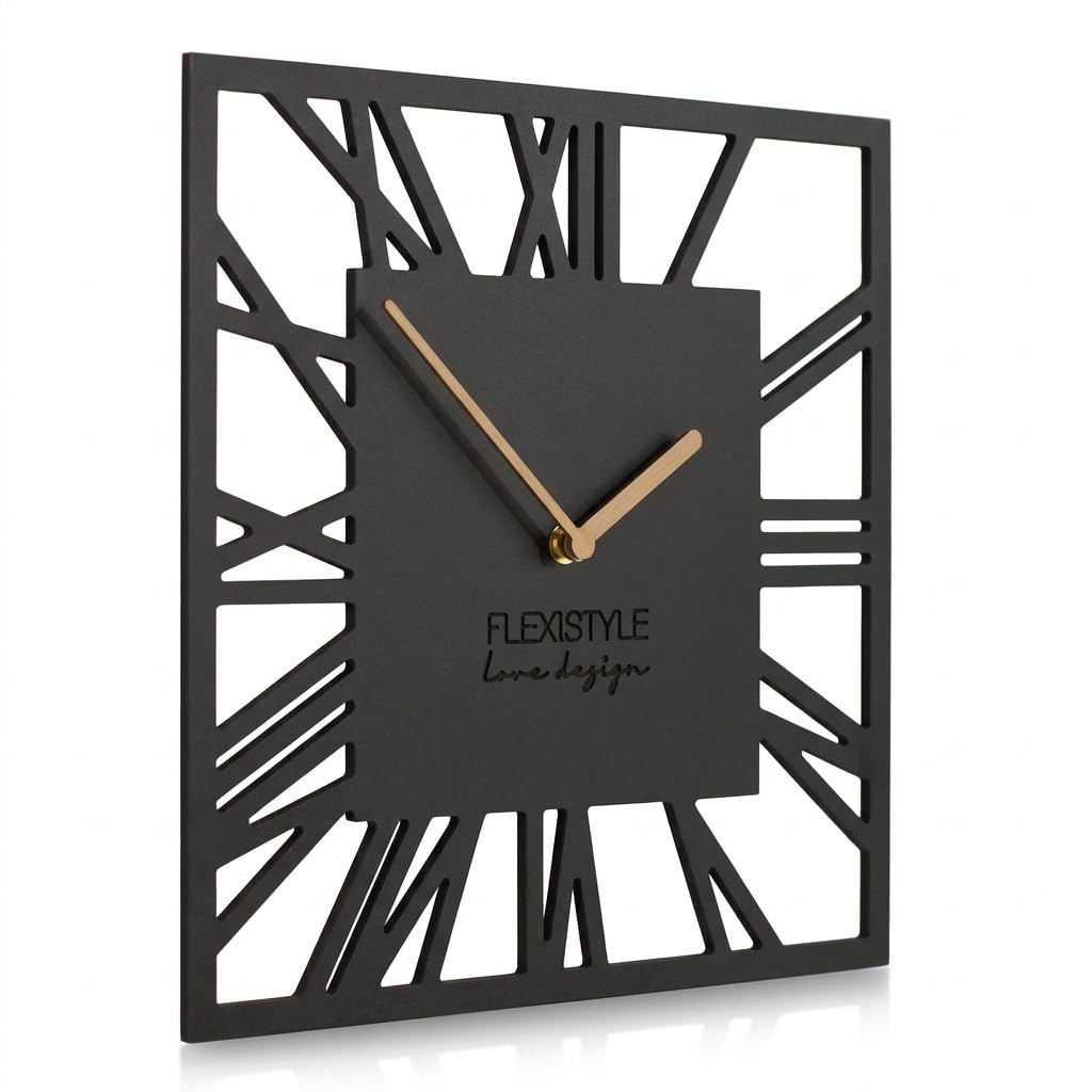 FLEXISTYLE Modern wall clock natural square 30cm wooden hands roman digits for living room bedroom silent non ticking