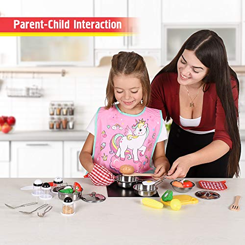 Kids Kitchen Toy Playset, Educational Kitchen set Accessories for Girls and Boys, Pretend Play Cooking Toys for Toddlers, with Stainless Steel Cookware Pots and Pans Set, Food and Vegitables