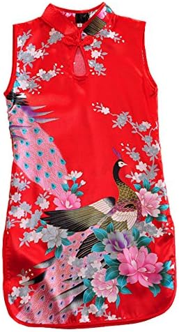 Onesdar Multi-Colors Chinese Qipao Baby Girl Kids Floral Peacock Cheongsam Dress Clothes (1-2 Years, Red)
