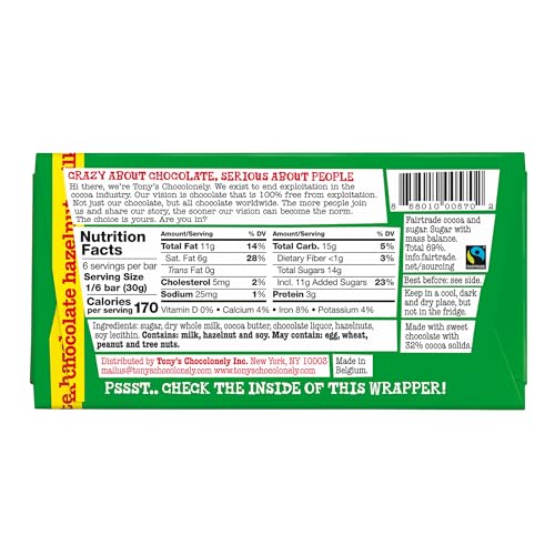 TONY’S CHOCOLONELY BELGIAN MILK CHOCOLATE HAZELNUT CANDY BAR FOR SNACKS, CHOCOLATE BAR FOR PARTY FAVORS, GIFTS, OR GIFT BASKET, 32% CACAO, MADE FROM QUALITY FAIRTRADE COCOA, 6.35 OZ