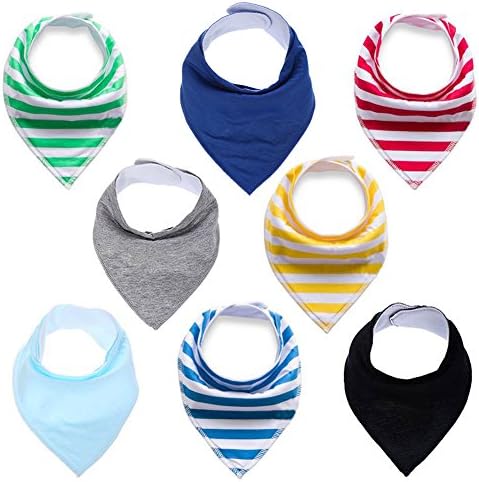 Baby Drool Bibs Bandana Teething Organic Cotton Adjustable Snap Triangle Bib Set Baby Boys Girls Shower Gift (Striped&Solid Color 8pcs)