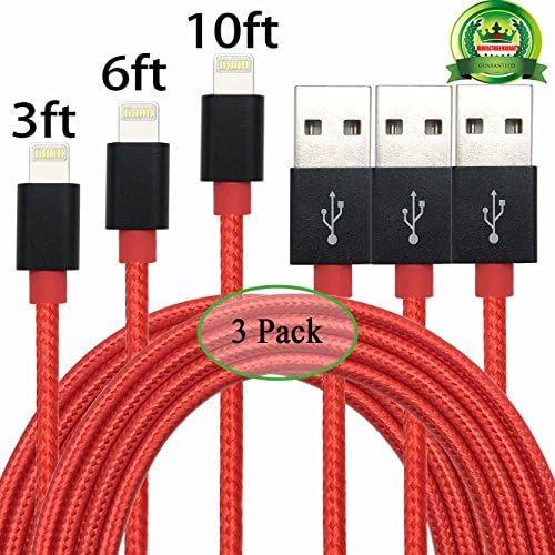 Abloom Lightning Cable Nylon Braided Charging Cable USB Cord for iphone 6s,6s plus,6plus,6,5s 5c 5,iPad Mini, Air,iPad5,iPod 7on iOS9 - 10 Feet - Red