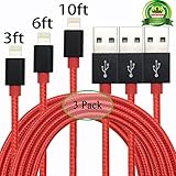 Abloom Lightning Cable Nylon Braided Charging Cable USB Cord for iphone 6s,6s plus,6plus,6,5s 5c 5,iPad Mini, Air,iPad5,iPod 7on iOS9 - 10 Feet - Red