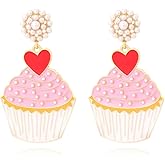 Cute Cupcake Pearl Dangle Drop Stud Earrings for Women Pink Enameled Ice Cream Red Love Heart Charm Dangling Earring Elegant Birthday Christmas Jewelry Gifts for Baker Cooks