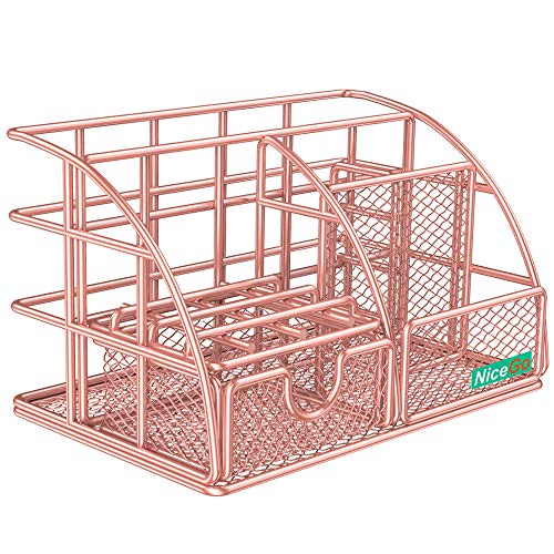 NiceGo Rose Gold Desk Organizer with Sliding Drawer,File Tray and Pen Holder Paper Organizer Upright Sections, Metal Mesh Multi-Functional Stationery Desk Supply Organizer for Office and School etc