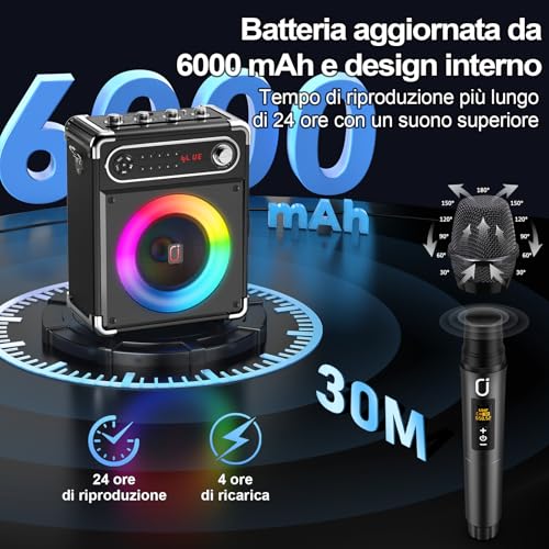 JYX Karaoke with 2 Microphone, 6.5 Inch Portable System, 80 W Bluetooth 5.3 Speaker, Treble/Bass Controls and LED Light, TWS Compatible, USB/TF/FM Radio, Recording Function, Black