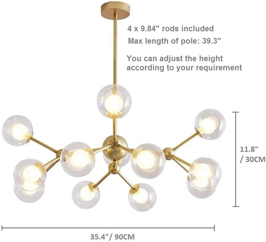 Dellemade XD00940 Sputnik Chandelier for Bedroom, Globe Ceiling Light for Living Room, 12 Lights, G9 LED Bulbs Included, Golden - - 