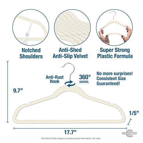 Closet Complete Premium Quality, True-Heavyweight, 80-gram, Virtually-UNBREAKABLE Velvet Hangers, Ultra-Thin, Space Saving, No Slip Hangers, Best for SUIT, Dress, Pants, Shirt, 360° Spin, CHROME Hooks, Black Set of 50