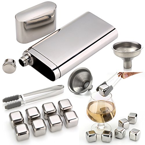 Stainless Steel Chilling Rocks / Stones (8) + Dual Cigar Flask (1) [Gift Set] + Funnel (1) + Tongs (1) [FDA Approved] - Thumbnail 6