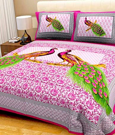 Jaipuri Chadaar Rajasthani Cotton Print Double Bedsheet with 2 Pillow (King Size, Multicolour)