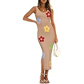 ZESICA Women's Summer Knit Bodycon Midi Dress 2026 Sleeveless Floral Crewneck Color Block Long Beach Party Dresses