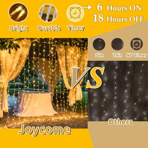 Joycome 2 x 6 x 3 m 600 LED String Light Curtain, Mains Powered, 8 Modes String Lights for Interior, Outdoor, Wall, Bedroom, Balcony, Wedding Decoration – Warm White