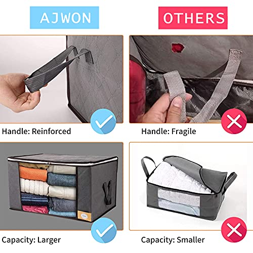 AJWON Large Capacity Clothes Storage Bag, Foldable Clothing Storage Organizer with Sturdy Zipper, Thick Fabric Handle and Clear Visual Window for Bedroom, Comforters, Blankets, Pillows, 3 Pack, 90L, Grey