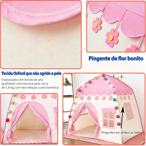 Barraca de Brinquedo Rosa 130×110 cm, Casinha de Brinquedo Dobrável e Fácil de Montar