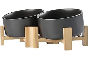 SPUNKYJUNKY 15° Slanted Ceramic Dog and Cat Bowl with Wooden Stand, Tilted Bulldog Food and Water Bowl No Slip Non-Spill for Cats Medium Dogs Big Face Pets 28.7 OZ (3.6 Cups, Black × 2)