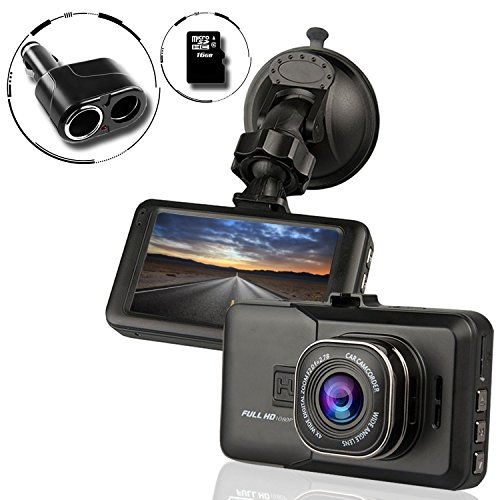 Ampulla Sentry HD Dash Cam Dash Camera for cars Car DVR Full HD1080 170Â°Wide (Included FREE 16GB Micro SD Card & 2-Socket Plug)
