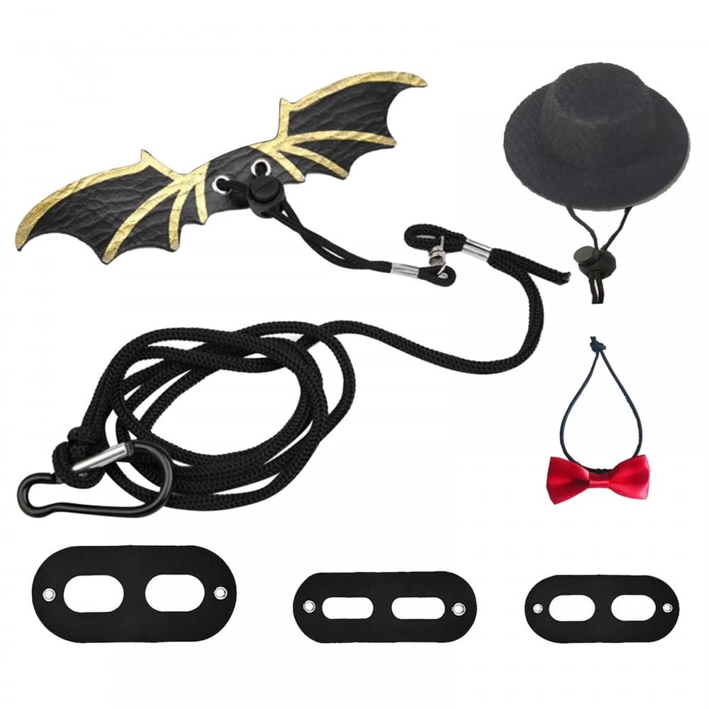 Bearded Dragon Leash Harness,Adjustable Leather Lizard Harness w/3 Size Pack Wing Nylon Rope Lead & Red Bow Tie & Black Top Hat for Amphibians Other Small Animal Outdoor Walking