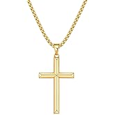 Fiusem Beveled Edge Cross Necklace for Men, Silver Tone/Black/14K Gold Plated Mens Cross Necklace, 2.5MM Stainless Steel Box Chain with Pendant