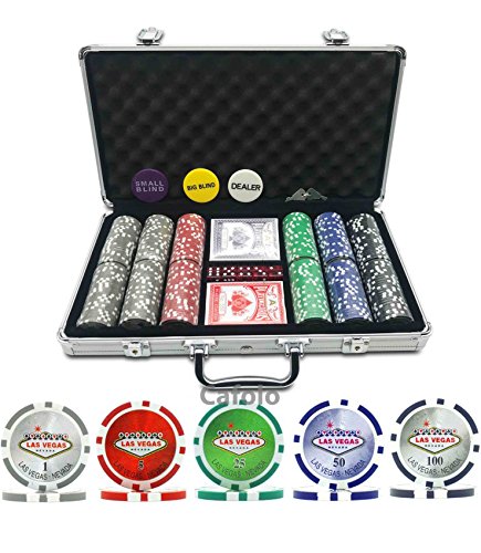 Premium 300 pcs 11.5 gram Striped Welcome to Las Vegas Poker Chip Set w/3 Dealer Buttons, 2 Decks of Cards,Big/Small Blind and Dealer Button in Aluminum Case