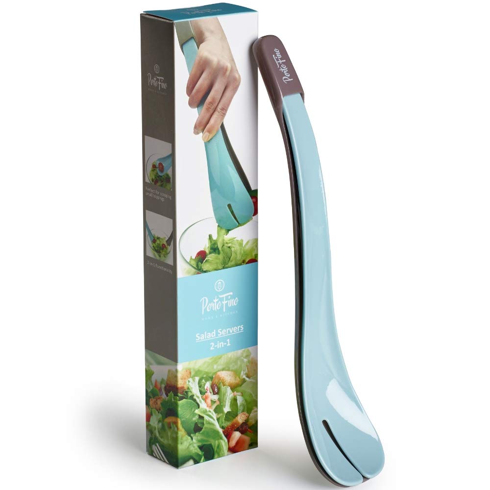 PortoFino Salad Servers/Serving Tongs Set - Space Saving 2-in-1 Salad Fork and Spoon Set/Serving Utensils - Nesting Kitchen Tools/Food Accessories - 12 L x 2.5 W (inches)