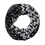 Women's Thin Black Chevron Patterned Infinity Scarf w/ Anchors