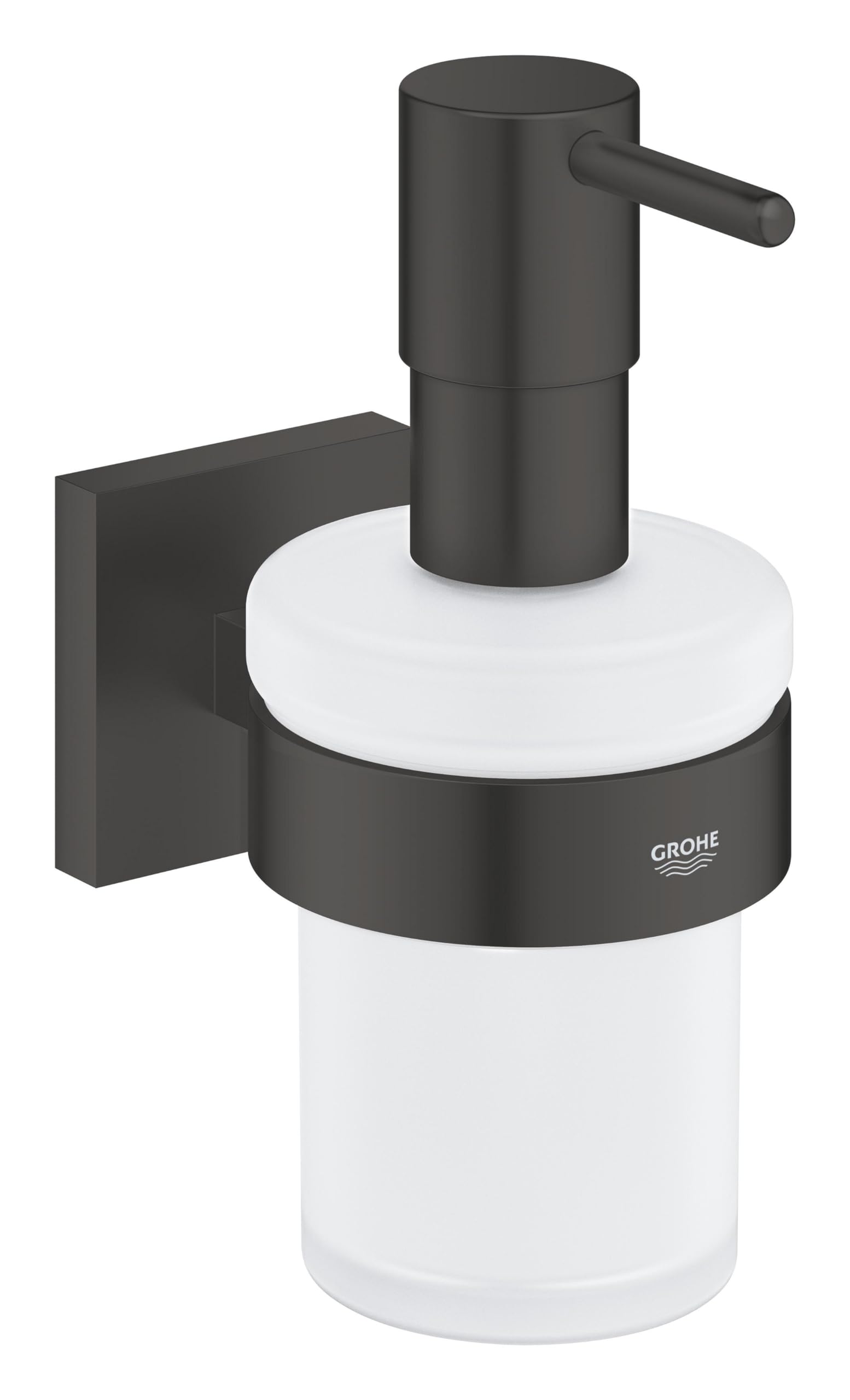 GROHE Start Cube QuickFix Soap Dispenser with Holder (Material: Iced Glass & Metal, Filling Quantity 160 ml, with Screws & Dowels), Size 158mm, Easy to Fit QuickGlue, Matt Black, 410982430