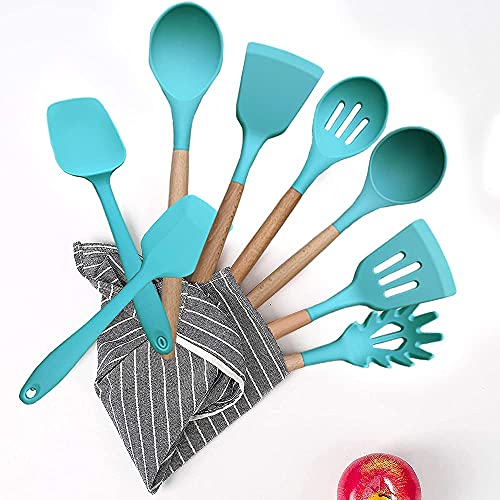 Silicone Cooking Utensils Set, 9 Pieces Heat Resistant with Wooden
