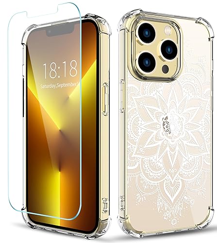 ilnehc Flower Pattern Designed for iPhone 13 Pro Max Case[with Screen Protector], Floral Clear Women Phone Case Shockproof Protective Soft TPU Bumper Cover 6.7 Inch 2021 (Mandala)