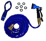 Expandable 50 Foot Hose Kit by RAAYA - Garden Hose with Expanding 3 Layers Brass Shut-Off Valve, 8-Setting Spray Nozzle, 6 Washers, & Hose Hanger - Strong, Flexible, Heavy Duty!