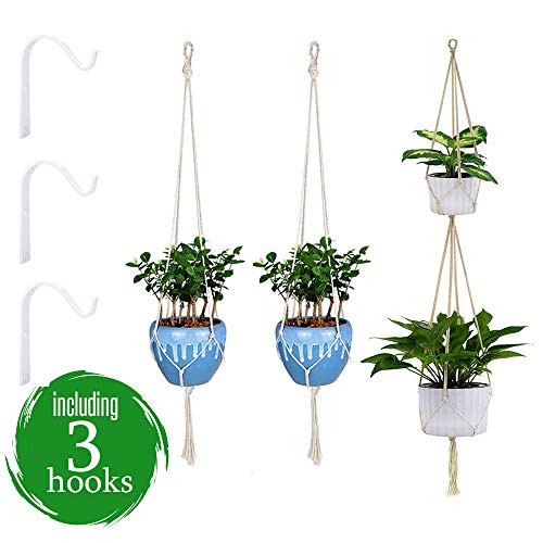 Macrame Plant Hangers with Extra Strong White Iron Hooks – Set of 3 – Decorative Hangers and Stylish Hooks for Hanging Pots, Plants, Succulents – Great for Indoor Outdoor Home Decor