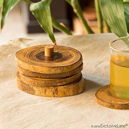 ExclusiveLane 'Stack-Circles with Stand Log' Handcrafted Bar Accessories Cum Wooden Dining Coffee Table Tea Coasters (9.7 cm x 9.7 cm x 2.4 cm, Brown, Set of 4)