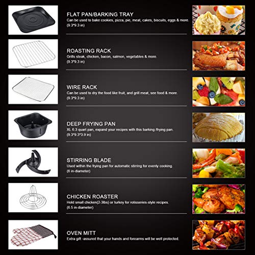 Air Fryer Oven XL with Dehydrator, 12QT 1700W 12 in 1 Electric Deep Fryer, Rotisserie, Viewing Window, LED Touchscreen, Auto Stirring, Frying Pan, Pizza Pan, Grill Racks - 7 Accessories Cooking Set