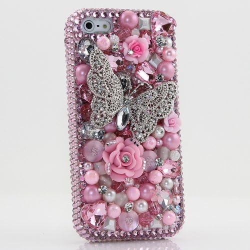 iPhone 6S Bling Case, iPhone 6 Case - LUXADDICTION [Premium Quality] 3D Handmade Crystallized Bling Case Swarovski Crystals Diamond Sparkle Light Pink Pearls Butterfly Cover for iPhone 6 / 6S