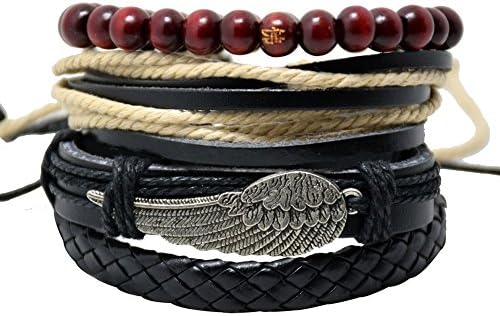 SENDIO Fashion Leather Bracelet Set Angel Wings Wood Beads Rope Bracelets Accessories (Black)