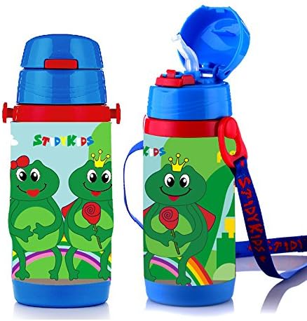 Vacuum Insulated Stainless Steel Water Bottle With Straw, 12-Ounce, Sports Water Bottle For Kids (Blue Frog)