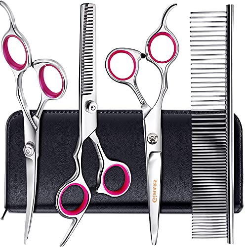 Gimars Titanium Coated Stainless Steel Pet Grooming Scissors Set – Thinning Straight Curved Shears, Comb, Oil and Cloth…