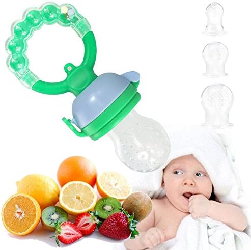 Baby Fresh Food Feeder-Baby Teething Rattle Toy-Baby Fruit Feeder-Rotaing Handle-3 Extra Nipples-S,M,L Size (Green)