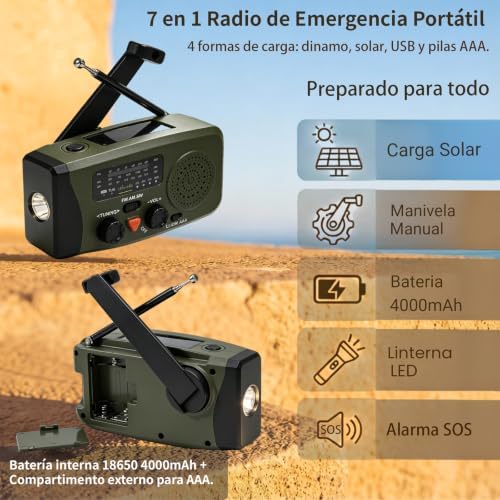 Radio Portable Urgence, FM/AM Radio Survie avec Rechargement du Solaire Radios Dynamo à Manivelle avec Lampe de Poche 4000mAh Powerbank SOS pour Outdoor, Camping, Coupures de Courant, Kit de Survie