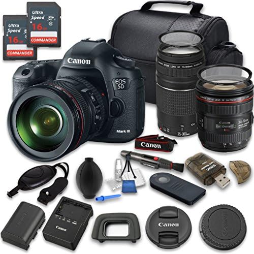 Canon EOS 5D Mark III 22.3 MP Digital SLR Camera with EF 24-70mm f/4.0L IS USM Wi-Fi Enabled Lens + Canon EF 75-300mm f/4-5.6 III Lens with 2pc 16GB Memory Cards - International Version (No Warranty)