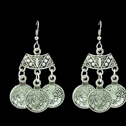 Bohemia Women Ancient Silver Carved Coin Tassel Ear Hook Dangle Earring Jewelry