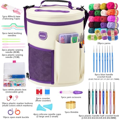MIAOKE Crochet Kit, Crochet Kit for Beginners, 25 Crochet Yarn and 16 Different Sizes Crochet Hooks Set for Beginners, Include Stitch Markers, Thimble, Yarn Needles in Crochet Storage Beige Bag