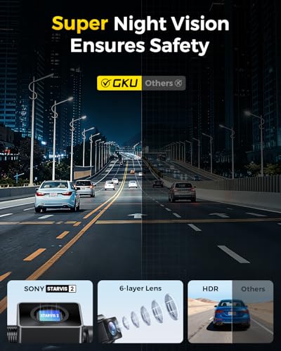 GKU 4K+4K Dash Cam Front and Rear, STARVIS 2 Sensor, 5.8GHz WiFi 6 Up to 20MB/s Download, HDR Night Vision, Dash Camera for Cars with GPS, Voice Control, 24/7 Parking Mode, 128GB Card Included